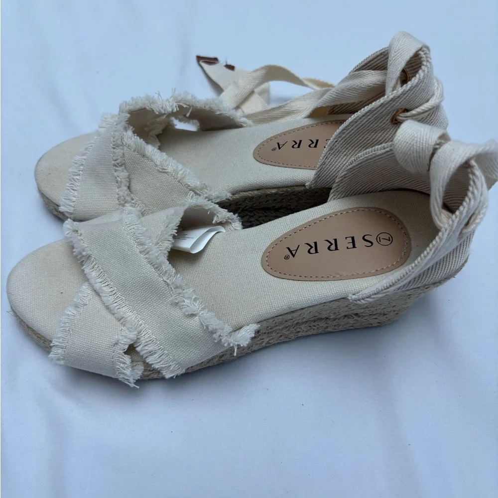 Serra Cream Espadrille Wedges with Textured Fabric Tie Up Boho